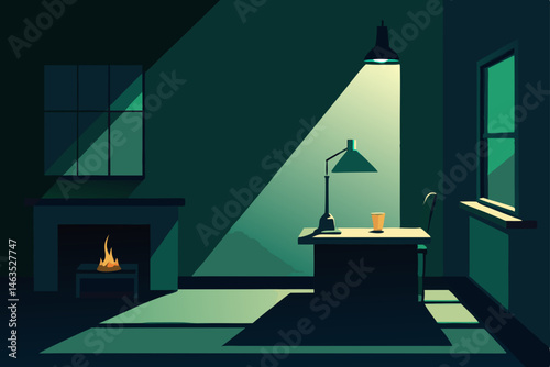 shadowy office lit by green glass lamp 