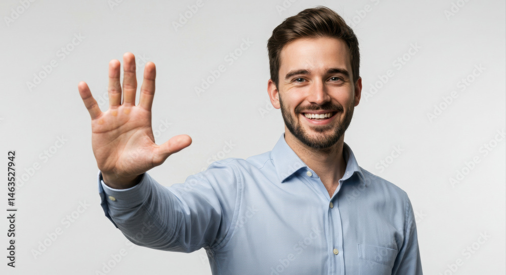 A cheerful young man in a light blue button-down shirt extending a welcoming hand gesture against a neutral background. Friendly presentation with professional attire for a business setting. A cheerful young man in a light blue button-down shirt extending a welcoming hand gesture against a neutral background. Friendly presentation with professional attire for a business setting.