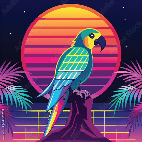 Cartoon macaw parrot on a tropical beach with a palm tree branch and exotic flowers, a cute vector illustration of wildlife nature