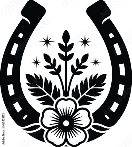 Floral Horseshoe Silhouette, Horseshoe cutting file, Horseshoe with Beautiful Flower. Horseshoe with flowers hand drawn vector Illustration.