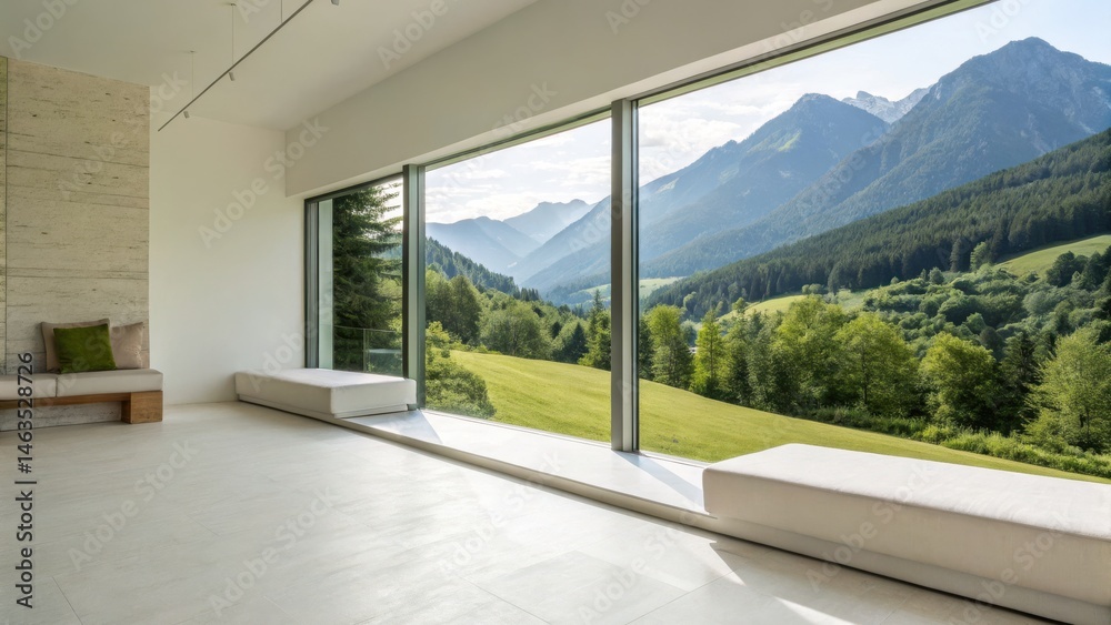 Fototapeta premium Modern minimalist room with large windows offers a stunning panoramic view of green hills, forests, and distant mountains.