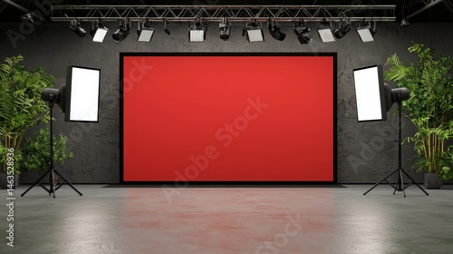 Modern Studio Setting with Red Backdrop and Professional Lighting