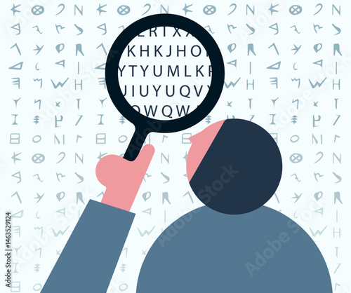 Person examining old ancient language illustration