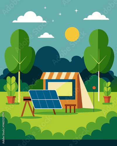 An outdoor cinema set up in a lush green garden utilizing solar panels to provide a sustainable and tranquil moviewatching experience.. Vector illustration
