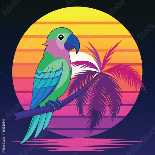 Cartoon macaw parrot on a tropical beach with a palm tree branch and exotic flowers, a cute vector illustration of wildlife nature