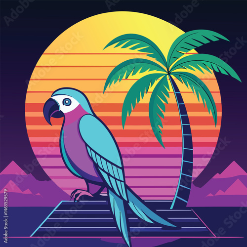 Cartoon macaw parrot on a tropical beach with a palm tree branch and exotic flowers, a cute vector illustration of wildlife nature