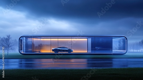 Futuristic Glass Garage with Modern Sports Car in a Serene Twilight Landscape