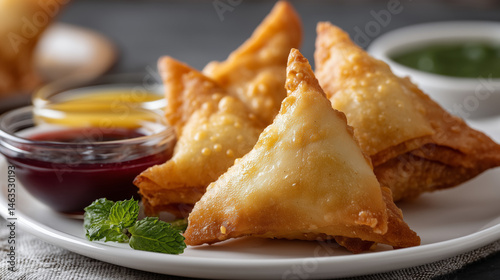 Samosas with Dipping Sauces: A tantalizing display of golden, crispy samosas artfully arranged on a plate, accompanied by an array of vibrant dipping sauces.