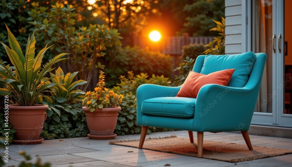 Obraz premium imagine a scene where a vibrant teal armchair, with its cushions adorned by a bold orange pillow, sits gracefully under the fiery hues of a setting sun, casting a warm glow over the surroundings