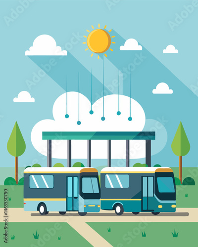 On a particularly hot day the solarpowered buses have a special feature that sprays a refreshing mist over waiting passengers at the bus stop.. Vector illustration