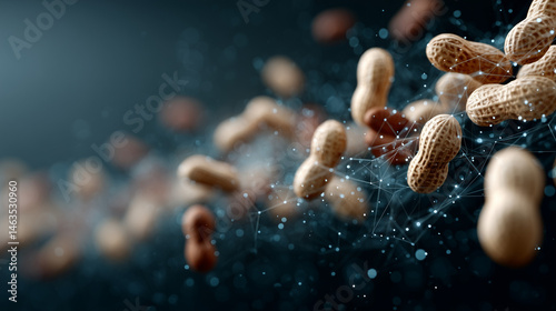 Peanuts in Motion: Captivating macro shot of peanuts floating in mid-air, each showcasing unique textures and forms, enhanced by a modern graphic touch.