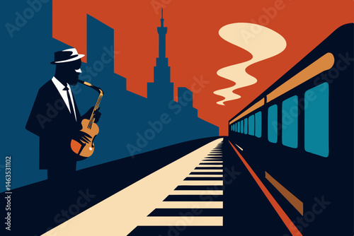 steam rising from subway grates as a jazz player 