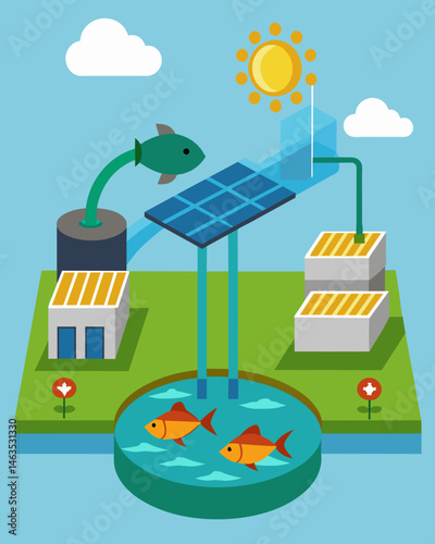 The clean and efficient design of a solarpowered fish farm allows for minimal environmental impact with waste products being repurposed for use as fertilizer in local agriculture.. Vector illustration