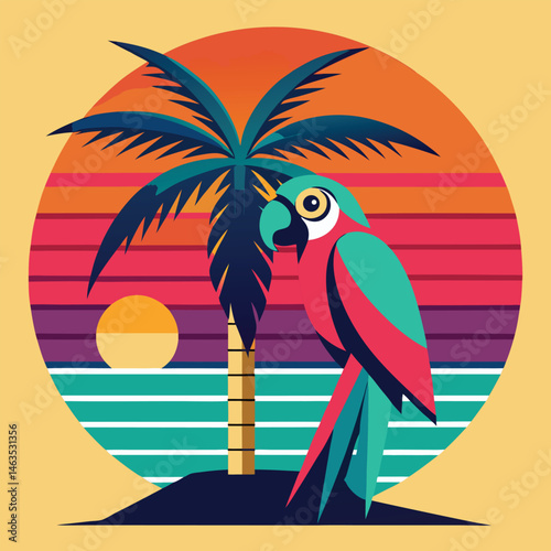 Cartoon macaw parrot on a tropical beach with a palm tree branch and exotic flowers, a cute vector illustration of wildlife nature
