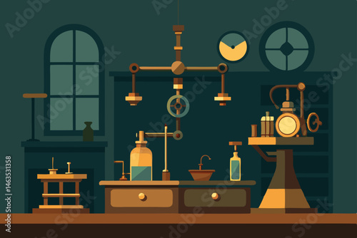 steampunk inventor s lab with brass levers and 