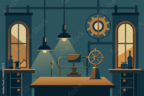 steampunk office with brass gears  pipes 