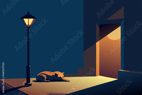stray dog sleeping under a glowing sign in a quiet