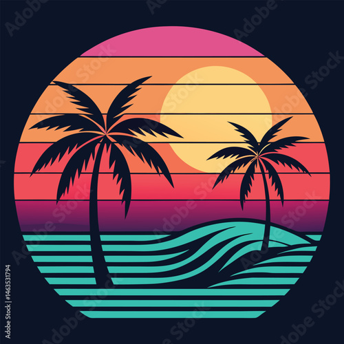 Tropical palm tree on a sandy beach with ocean waves under a summer sky, perfect for a vacation travel illustration