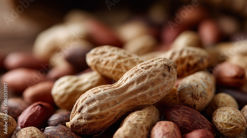 Peanuts in Shell: A close-up shot showcases a pile of peanuts in their shells, each texture and detail amplified by the light, a delicious image of wholesome snack.