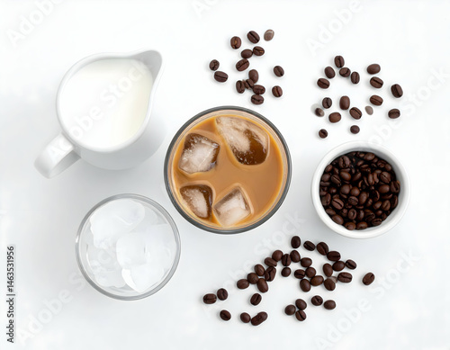 A white cup holds brown roasted coffee beans and hot espresso, a caffeinated breakfast drink with a rich aroma