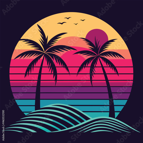 Tropical palm tree on a sandy beach with ocean waves under a summer sky, perfect for a vacation travel illustration