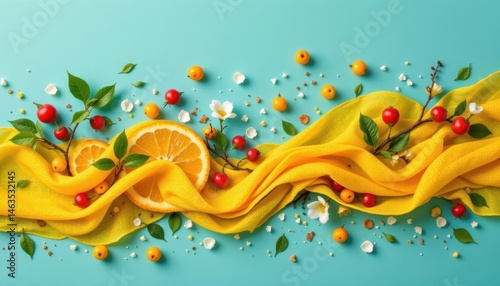imagine a captivating scene where a vibrant tapestry of yellow weaves across the canvas, alive with bursts of red and orange from freshly picked berries