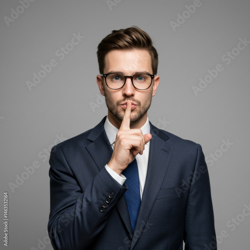 A young adult male in a business suit and tie, with glasses, gestures with a finger to his lips against a neutral gray background.