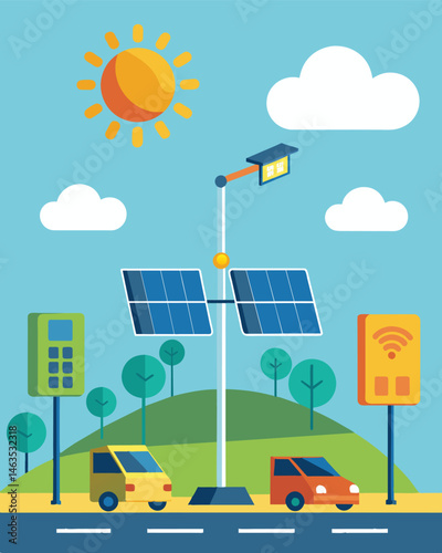 Solarpowered traffic monitoring systems are not only environmentallyfriendly but also costeffective saving cities money on energy bills.. Vector illustration photo
