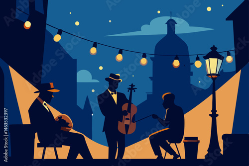 street jazz band playing under fairy lights in new