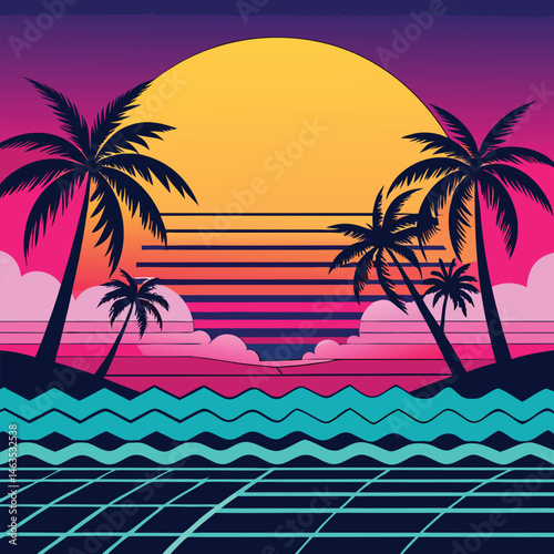 Tropical palm tree on a sandy beach with ocean waves under a summer sky, perfect for a vacation travel illustration