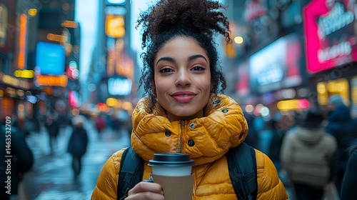 Smiling Woman in Yellow Jacket Holds Coffee Amidst Bright City Lights