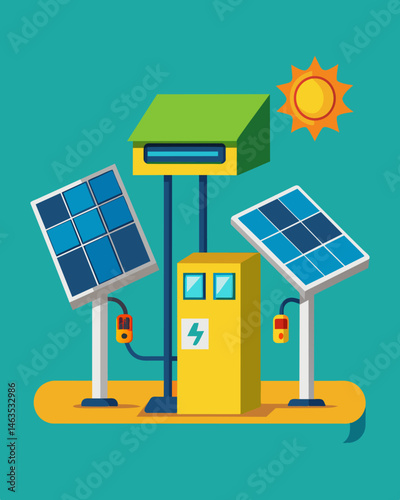 The charging station is equipped with multiple solar panels strategically p to capture the most sunlight and efficiently power up electric vehicles.. Vector illustration