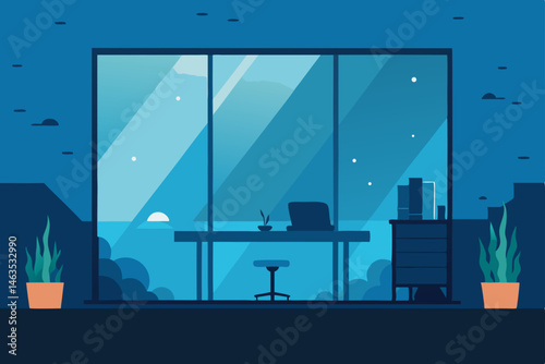 submerged underwater office with sea life outside 