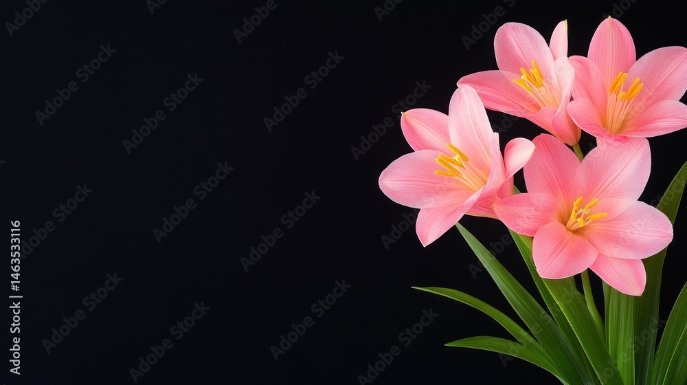 Naklejka premium Pink flowers on black background elegant botanical macro photography