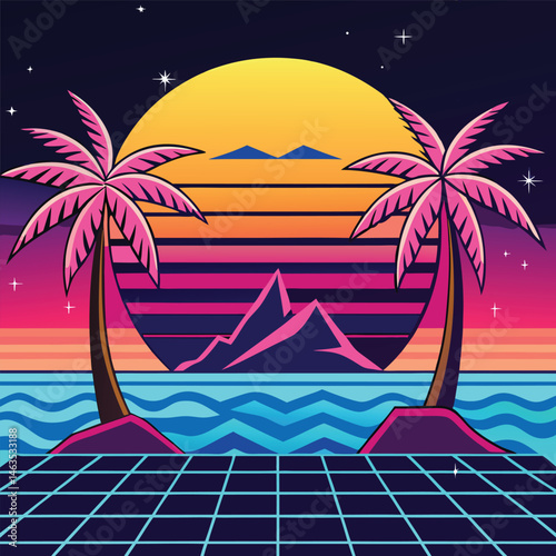 Tropical palm tree on a sandy beach with ocean waves under a summer sky, perfect for a vacation travel illustration