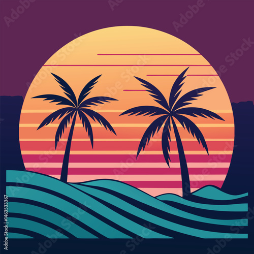 Tropical palm tree on a sandy beach with ocean waves under a summer sky, perfect for a vacation travel illustration