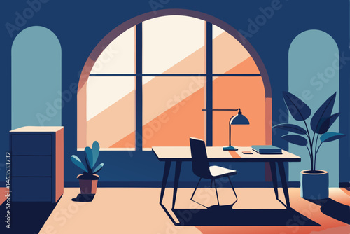 sunlit workspace with arched windows and soft 