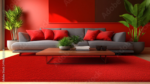 Modern sofa in a vibrant red living room with potted plants and a table, A wooden coffee table in front of the sofa holds a small green plant, A large abstract red and brown panel hangs on the wall.