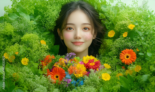 Smiling Woman Surrounded by Vibrant Flowers and Lush Greenery
