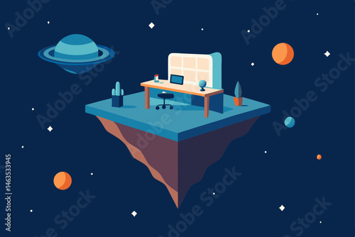 surreal floating office surrounded by stars 