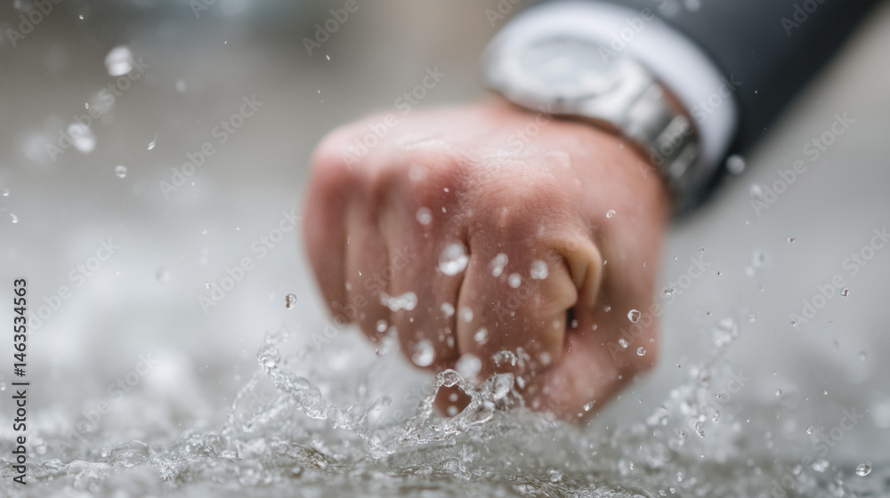 Fototapeta premium Forceful Impact: A close-up shot captures the raw power of a fist colliding with water, creating an explosion of droplets and showcasing determination.