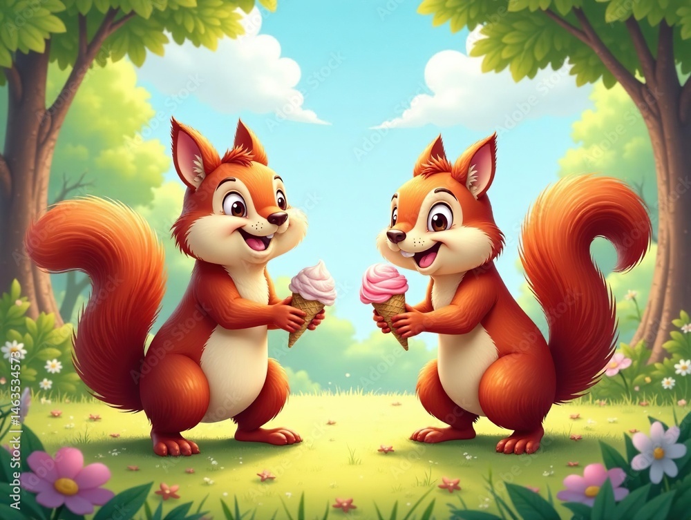 Fototapeta premium Playful cartoon squirrels near oversized ice cream cones in sunny whimsical park, whimsical, park