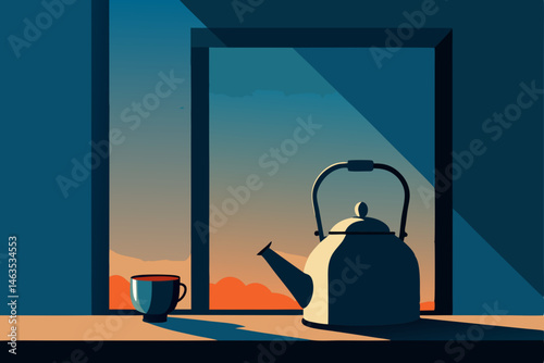 tea kettle whistling beside rainy window 