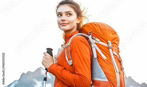 Smiling Woman with Orange Backpack Hiking in Mountains