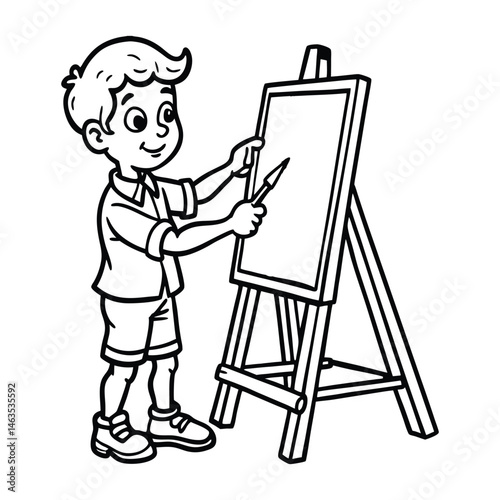 artist boy painting a canvas on easel coloring blank board
