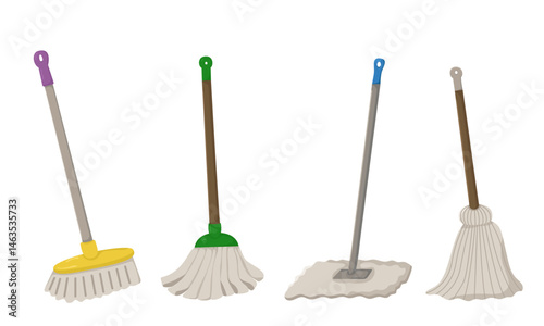 Vector set of different mops and brooms isolated on white background. Attributes for spring cleaning of the house.