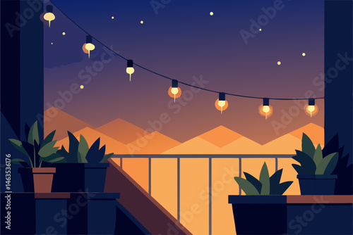 tiny balcony garden glowing under string lights 