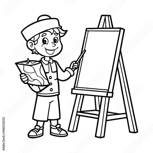 artist boy painting a canvas on easel coloring blank board