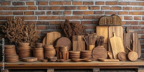 An array of wooden kitchenware is displayed in front of a rustic brick wall, creating a cozy atmosphere