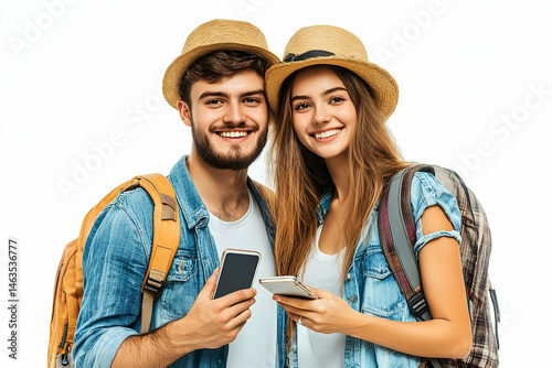 Smiling Young Couple with Backpacks Holding Smartphones